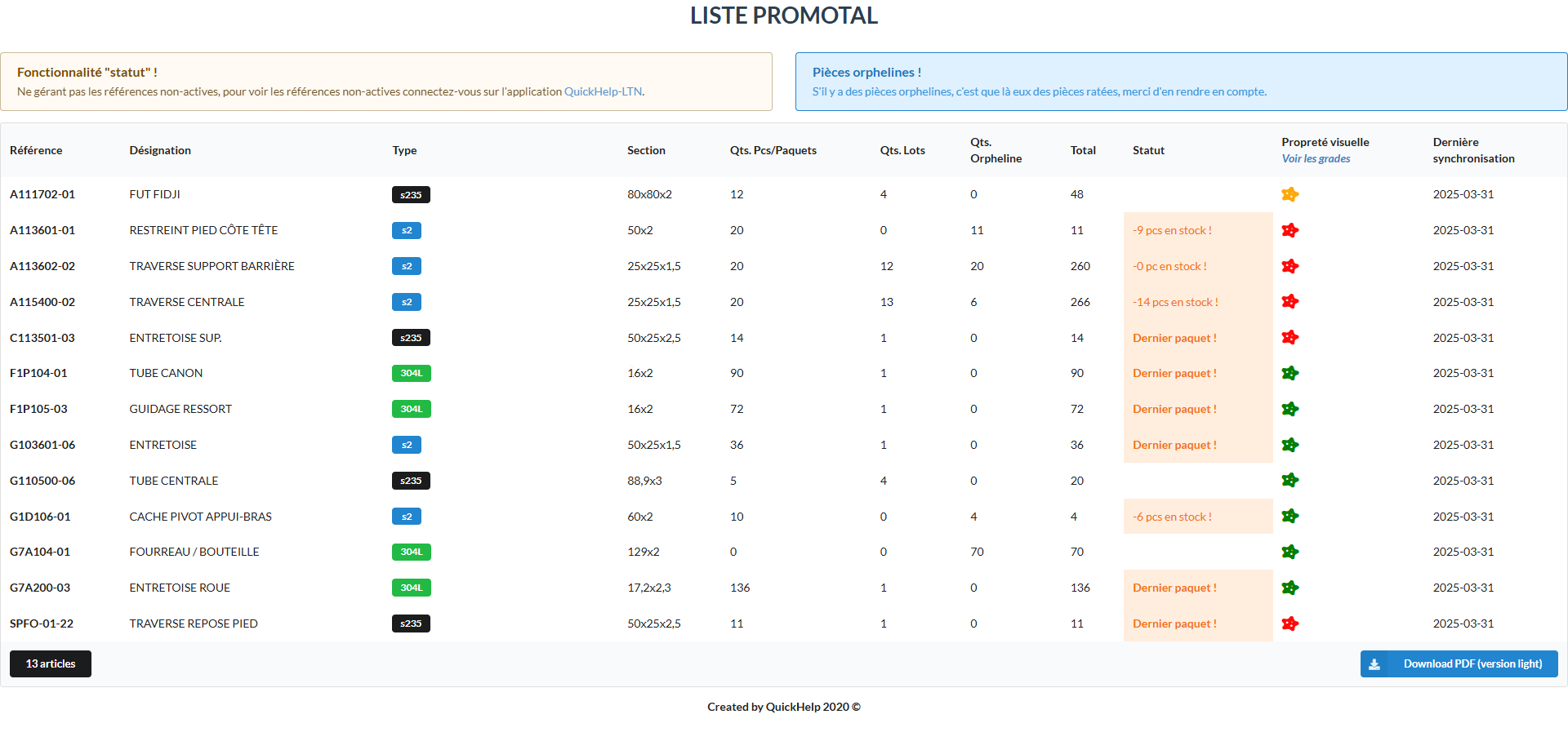 Screenshot QuickHelp (liste + export PDF)